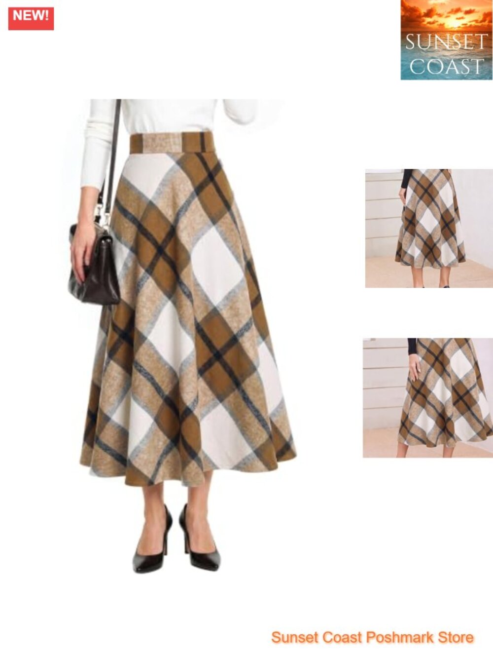 Plaid Wool Blend A-Line Midi Skirt with Pockets Elastic Waist